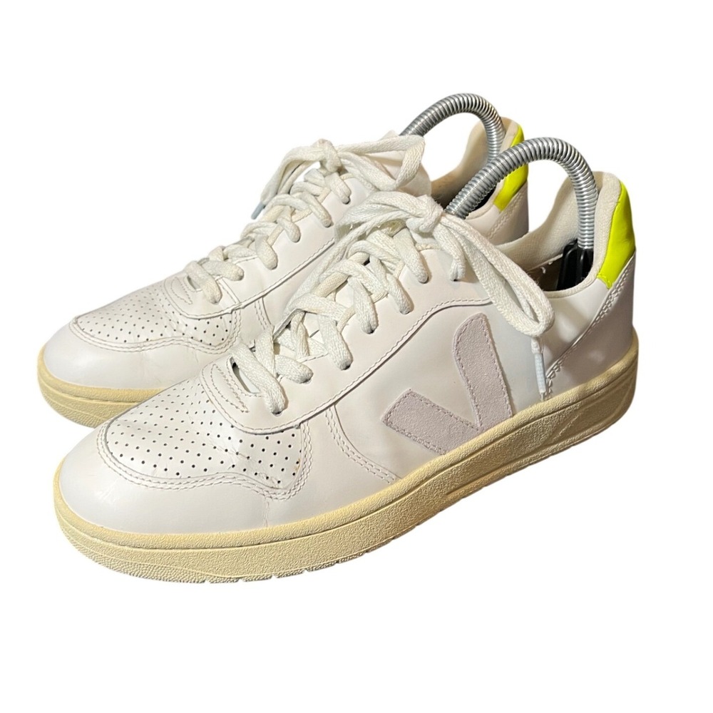 Veja V-10 Sneakers Womens 8 White Lavender Neon Yellow Leather Low Top Shoes